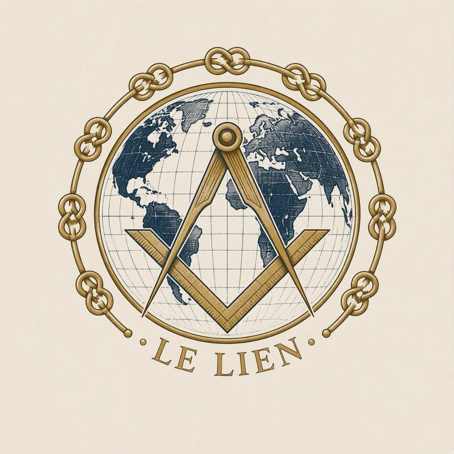 Logo du Lien : un compas et une équerre superposés à un globe terrestre, entourés d'une chaîne à nœuds, avec l'inscription « Le Lien ».